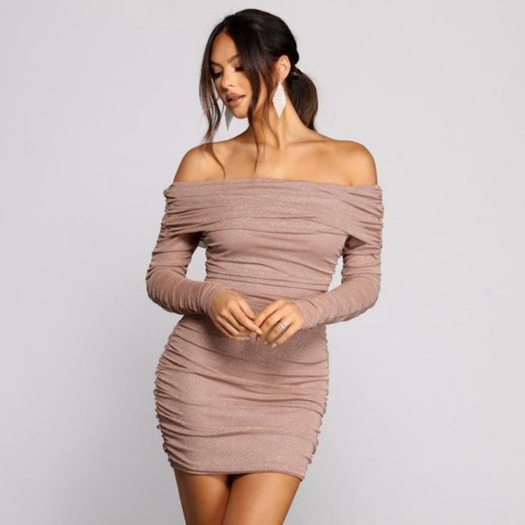SHIMMER NIGHTS OFF THE SHOULDER GLITTER MINI DRESS - Picture 1 of 1